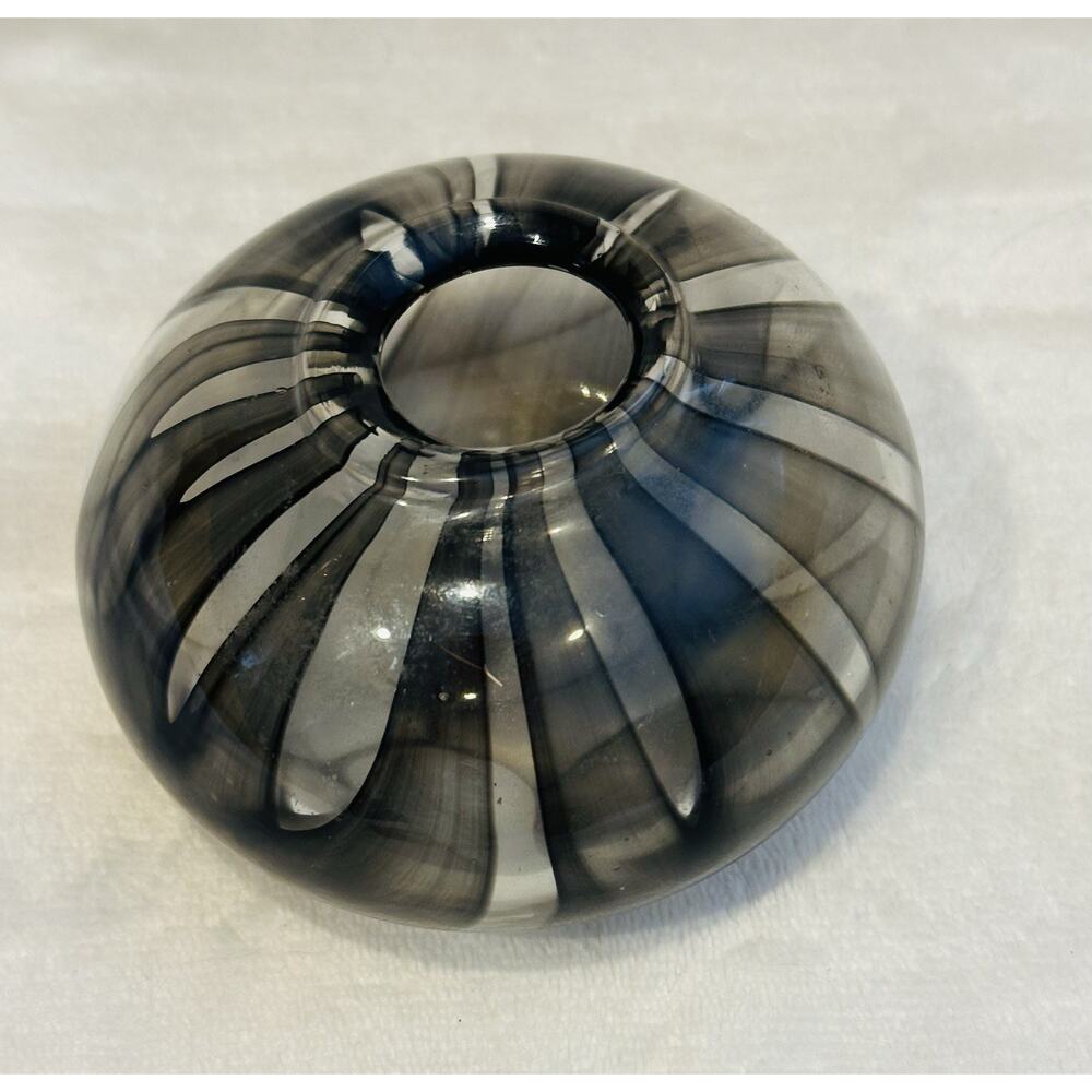 MCM Studio VTG Art Hand Blown Glass Low Squat Vase Brown Black & Clear Swirl - Picture 8 of 8